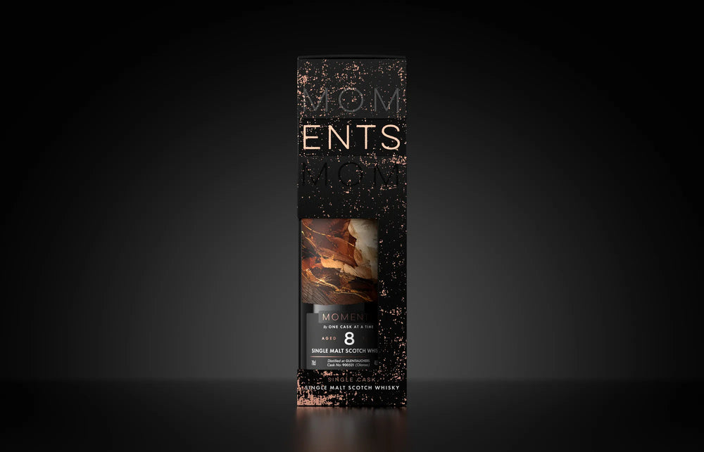 The Dark Zest, Glentauchers 8 Year Old, in its gift carton, on a dark ground