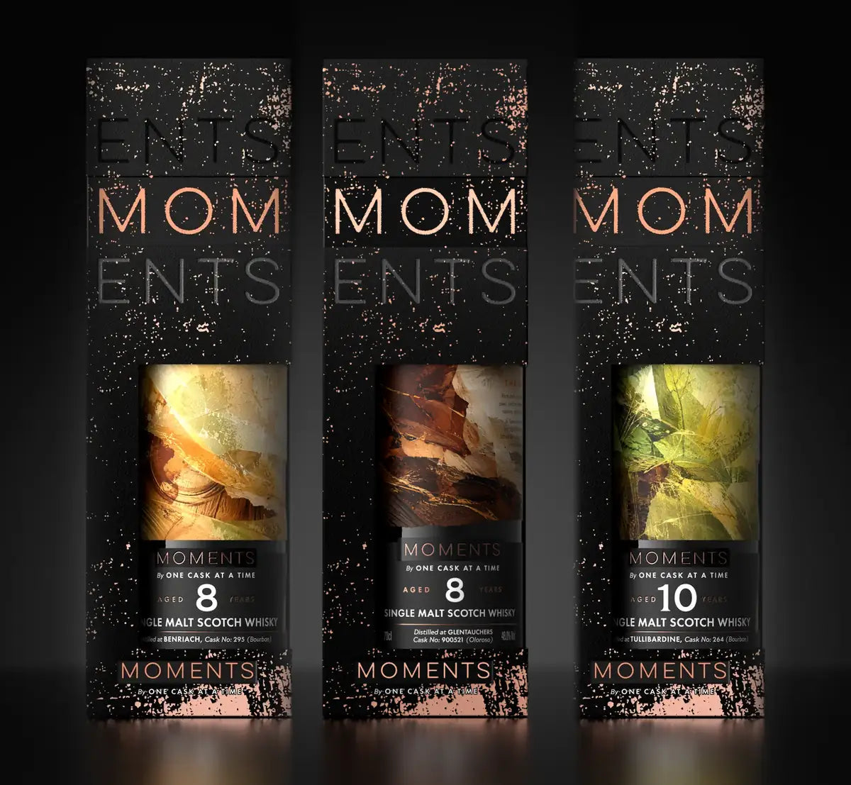 Die drei Moments-Verpackungen: Benriach 8, Glentauchers 8 und Tullibardine 10