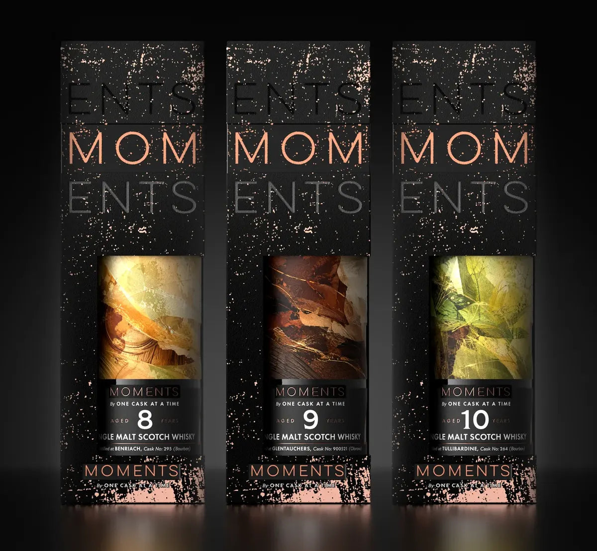 The three Moments cartons: Benriach 8, Glentauchers 9 and Tullibardine 10