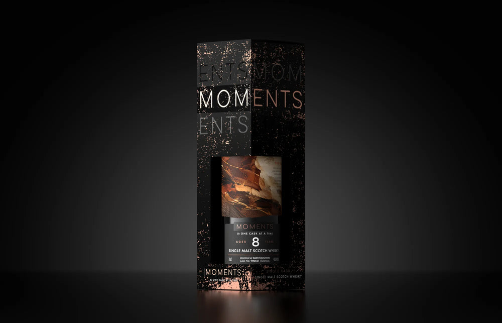 The Dark Zest, Glentauchers 8 Year Old, in its gift carton, on a dark ground